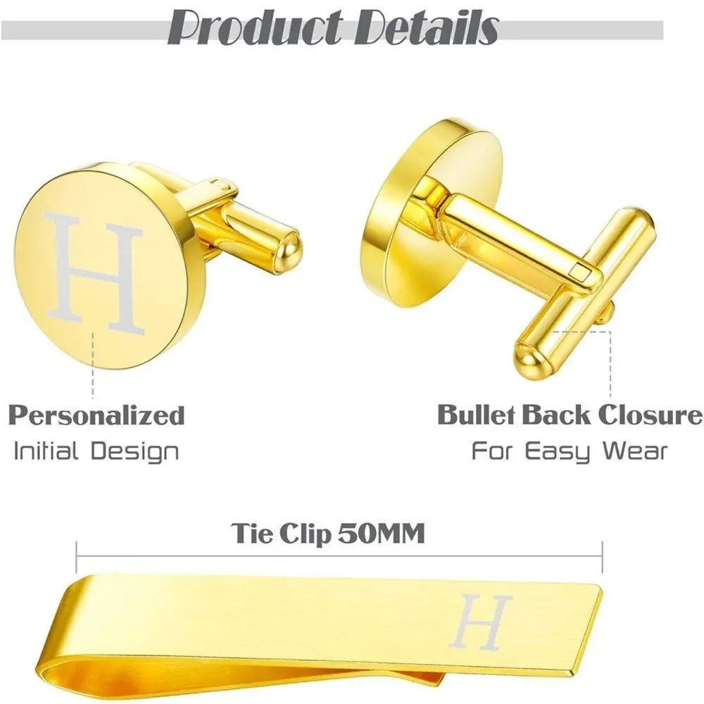 H Initial Cufflinks and Tie Clip Set for Men